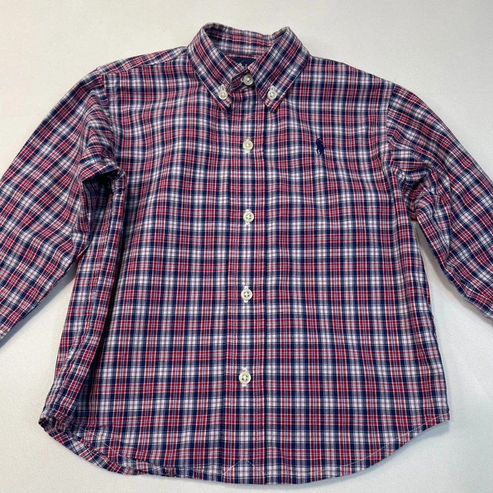 Ralph Lauren Kids Plaid Button Down Shirt Long Sleeve Red Blue‎ White Pony 24M